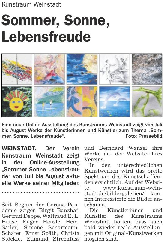Eine neue Online-Ausstellung des Kunstraums Weinstadt zeigt von Juli bis August Werke der Künsterinnen und Künstler zum Thema "Sommer, Sonne, Lebensfreude".